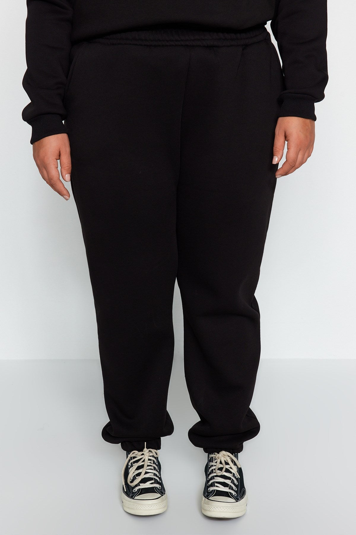 Black Flat Relaxed 3 Yarn Charcoal Plus Size Tracksuit Tbbaw24ts00000