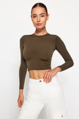 Black Sleeve Ruffle Detailed Fitted/fitted Crew Neck Crop Stretch Knitted Blouse Twoaw23el01391