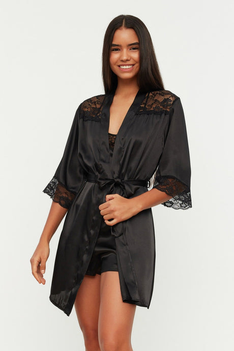 Black Lace Detailed Satin Dressing Gown Thmss21sb0001