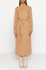 Beige Belted Pearl Detailed Long Knitwear Dress Tctaw24eb00016