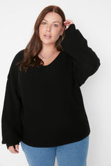 Black V Neck Low Shoulder Knitwear Sweater Tbbaw23an00118