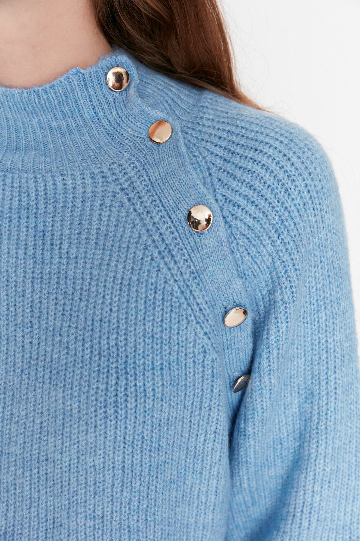 Light Blue Solid Collar Buttoned Knitwear Sweater Tctaw23ak00011