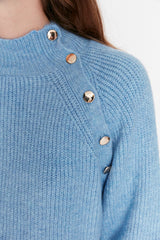 Light Blue Solid Collar Buttoned Knitwear Sweater Tctaw23ak00011