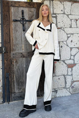 Women's Cream Double-breasted Collar Buttoned Knitwear Jacket And Pants Suit Alc-x11045