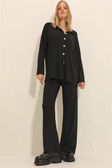 Women's Black Front Buttoned Knitwear Cardigan And Palazzo Pants Duo Suit Alc-x11323