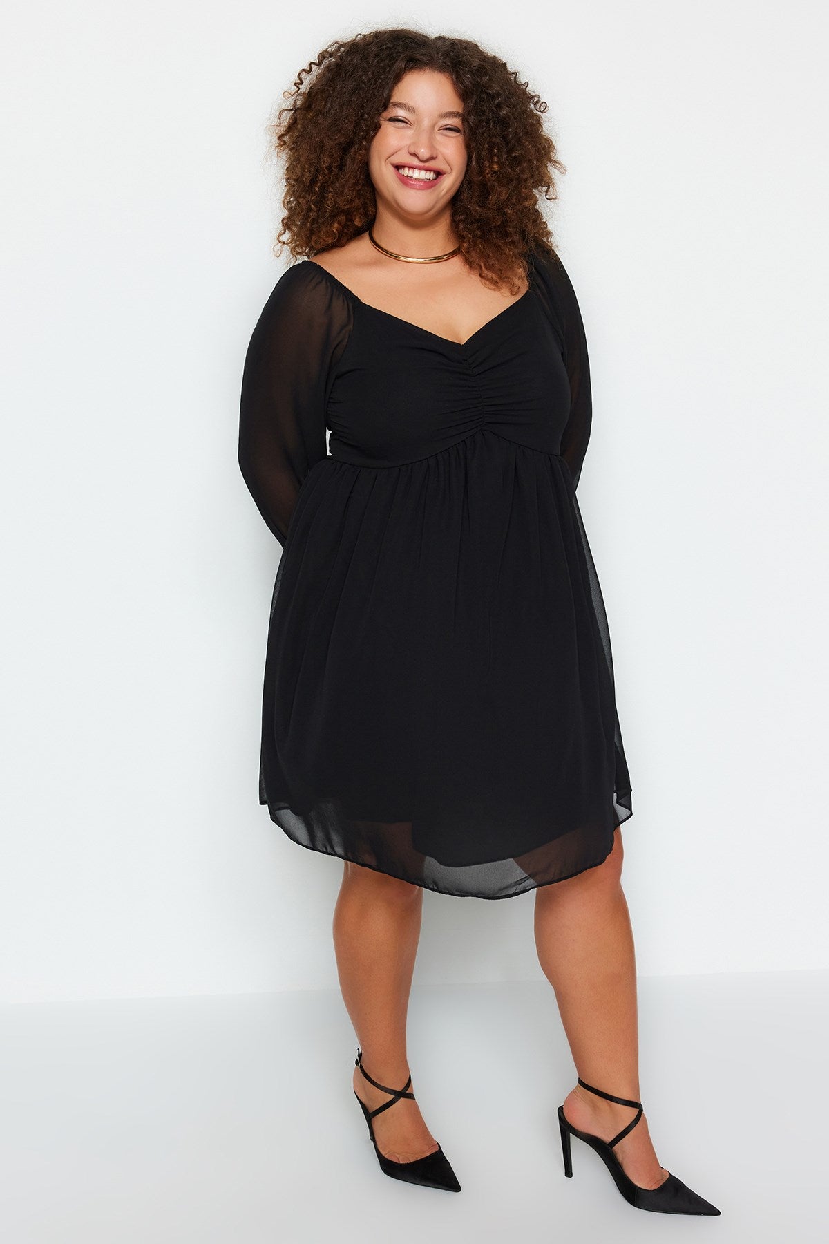 Black Plain A-line Mini Woven Plus Size Dress Tbbaw24ah00076