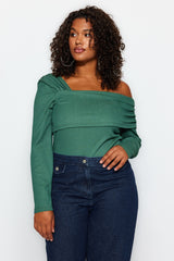 Emerald Green Asymmetric Collar Basic Knitted Plus Size Blouse Tbbaw24af00003