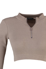 Beige Ribbed And Zipper Detailed Yoga Sports Blouse Twoaw22bz0274