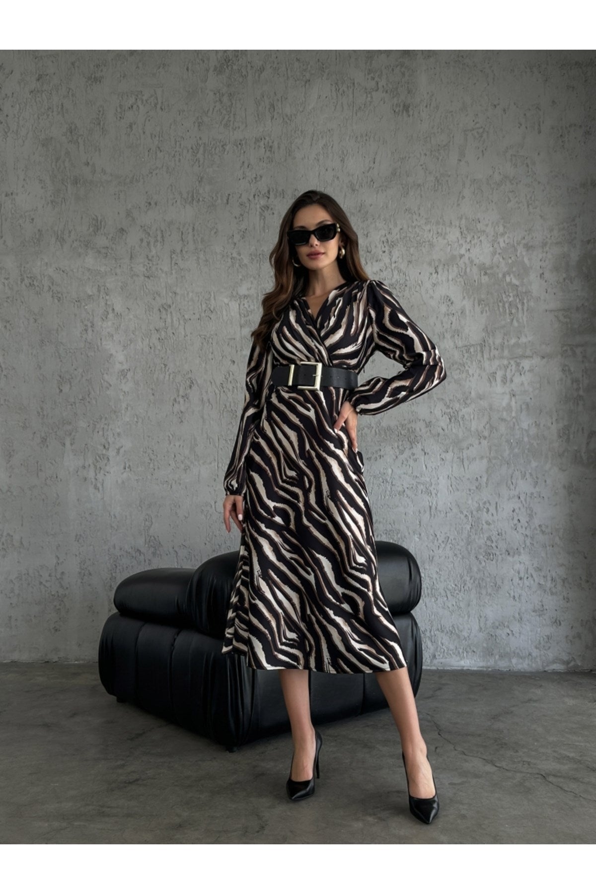 Zebra Pattern Belted Satin Dress 3150