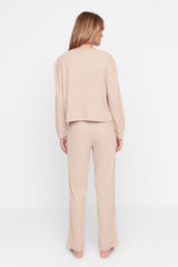 Beige Ribbed Knitted Pajama Set Thmaw21pt0009