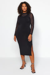 Black Plain Bodycone Midi Knitted Plus Size Dress Tbbaw24ah00083