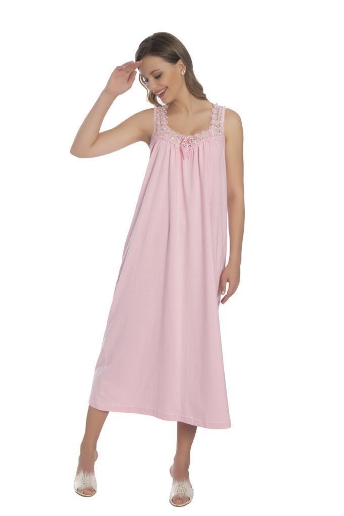 -dy 9010 Cotton Lace Strappy Combed Mom Women Nightgown Akla9010