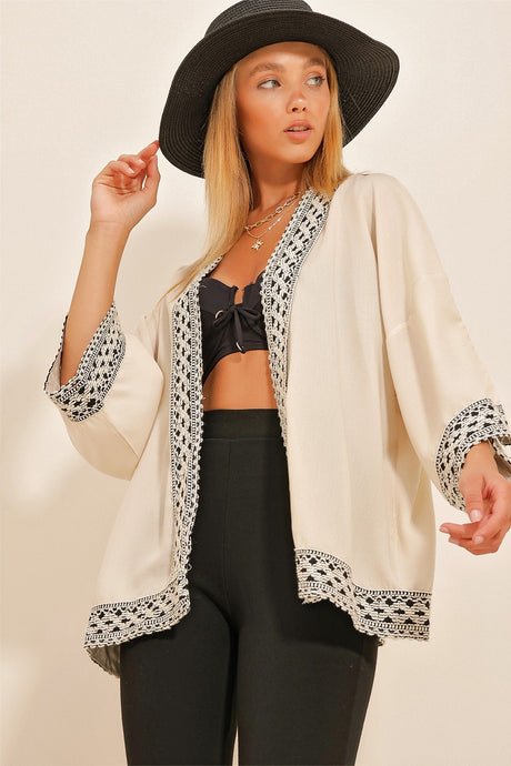 Women's Beige Border Kimono Jacket Alc-x10740