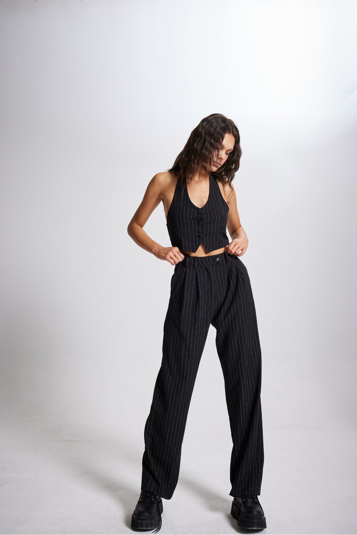 High Waist Fabric Striped Pants Black Hlstripedpants