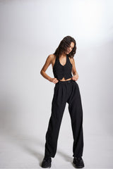 High Waist Fabric Striped Pants Black Hlstripedpants