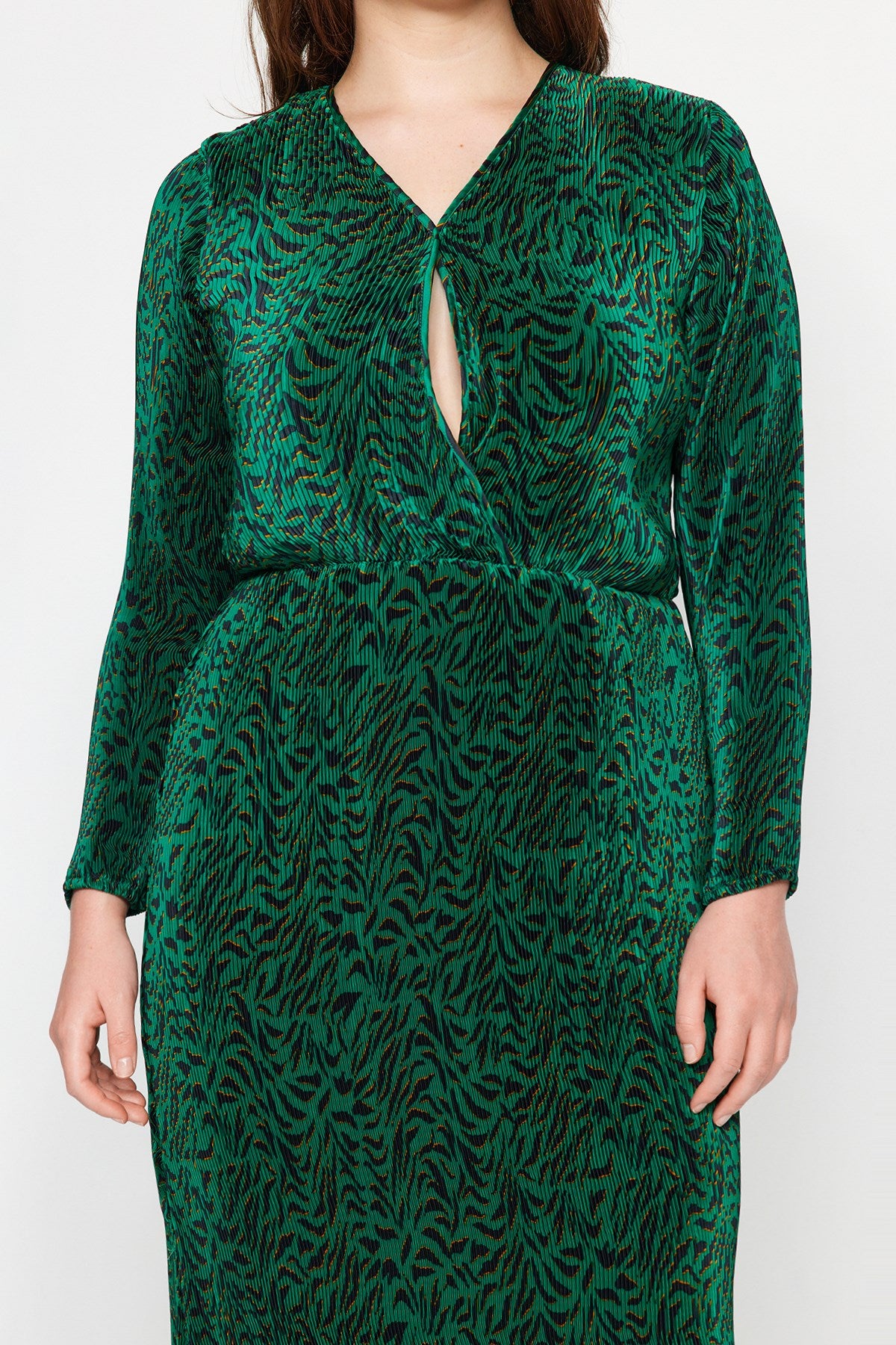 Green Animal Pattern Double Breasted Midi Woven Dress Tbbaw24ah00106