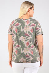 Leaf And Flower Printed Oil Wash T-shirt Light Pink Pra-493228-977244