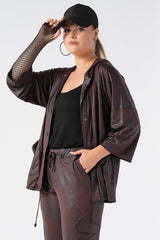 Plus Size Hooded Leather Burgundy Jacket 220650093