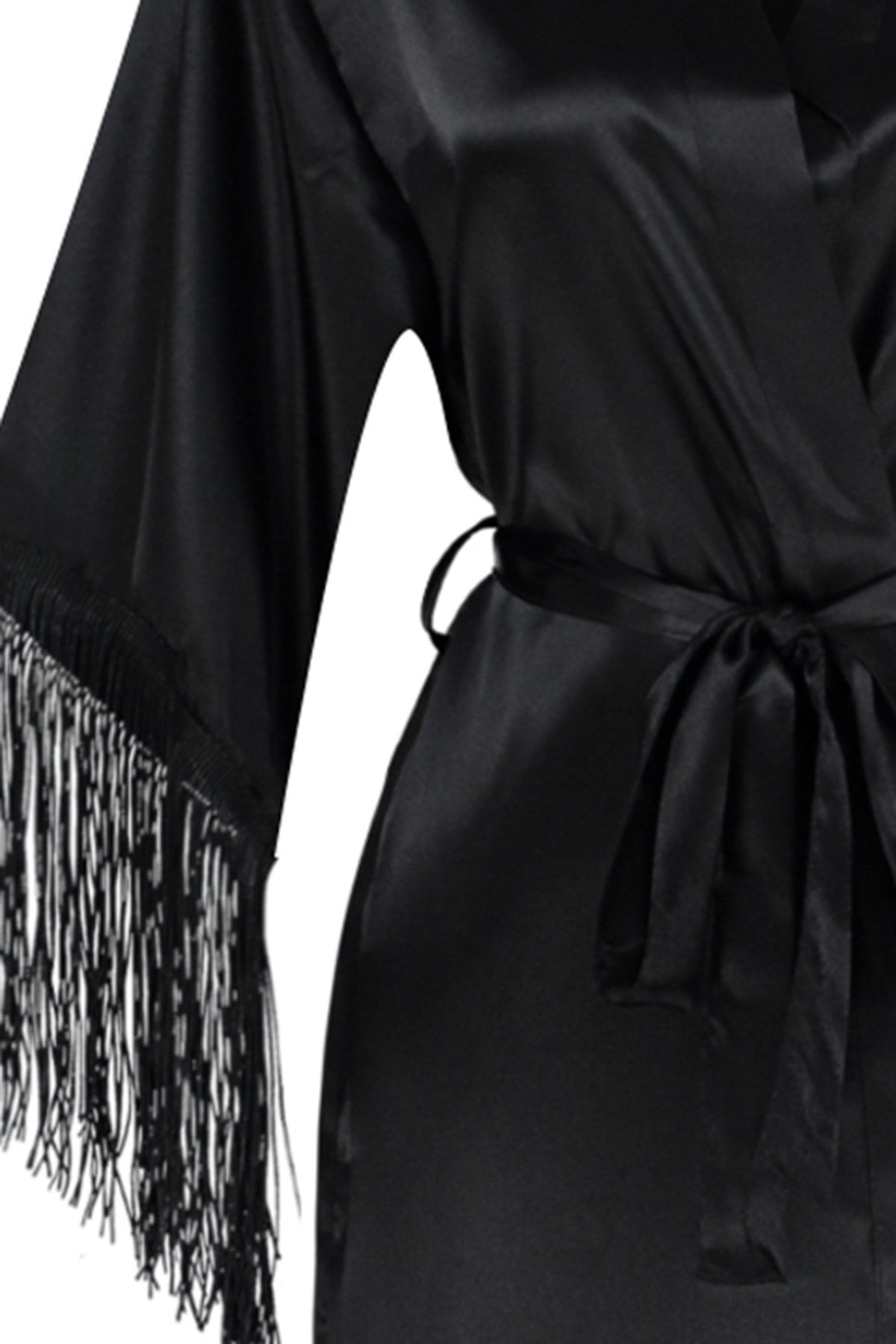 Black Satin Tassel Detailed Woven Dressing Gown Thmaw24sb00008