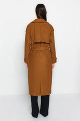 Camel Belted Lined Long Cashmere Coat Tctaw24ab00003