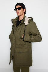 Khaki Men's Regular Fit Gabardine Parka Winter Coat Tmnaw24mo00009