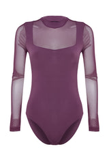 Purple Fitted/body-fitting Tulle Detailed Long Sleeve Stand-up Collar Flexible Snaps Knitted Bodysui