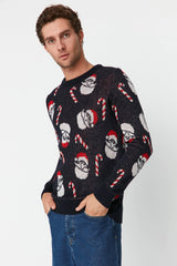 Multicolor Mens Slim Fit Crew Neck Santa Claus Patterned Christmas Knitwear Sweater Tmnaw23kz00218