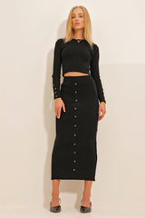 Women's Black Crew Neck Button Detailed Crop Top And Skirt Suit Alc-x10798