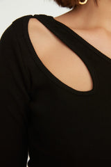 Black One Shoulder Fitted/body-fitting Window Detailed Ribbed Cotton Stretch Knit Blouse Twoaw22bz02