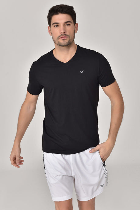 Black Men's V Neck 100% Cotton Short Sleeve Slim Fit Solid Color Casual Sports T-shirt 8898 Tb20ml07