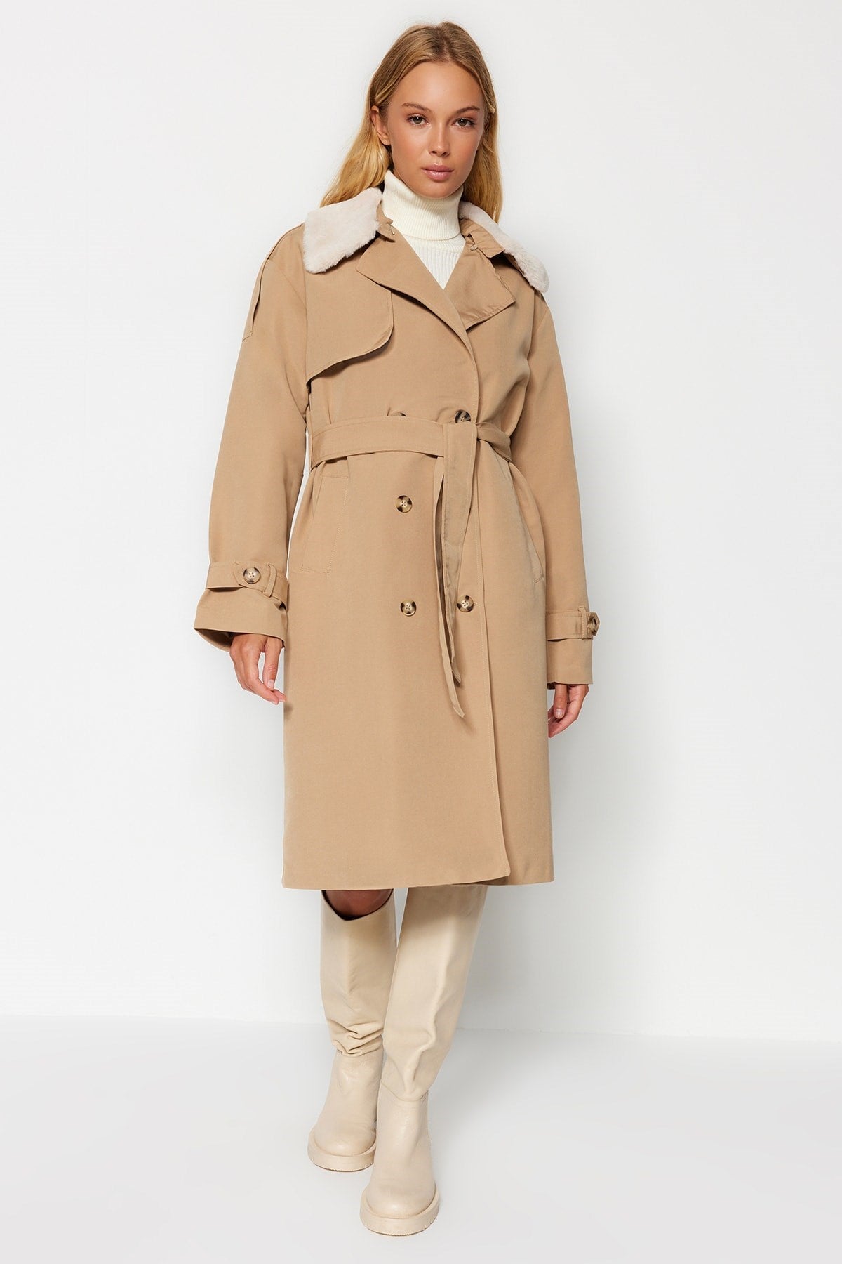 Beige Oversize Wide Cut Collar Plush Detailed Water Repellent Long Trench Coat Twoaw24tr00010