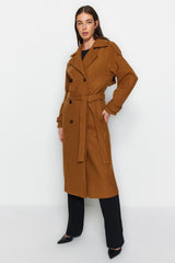 Camel Belted Lined Long Cashmere Coat Tctaw24ab00003