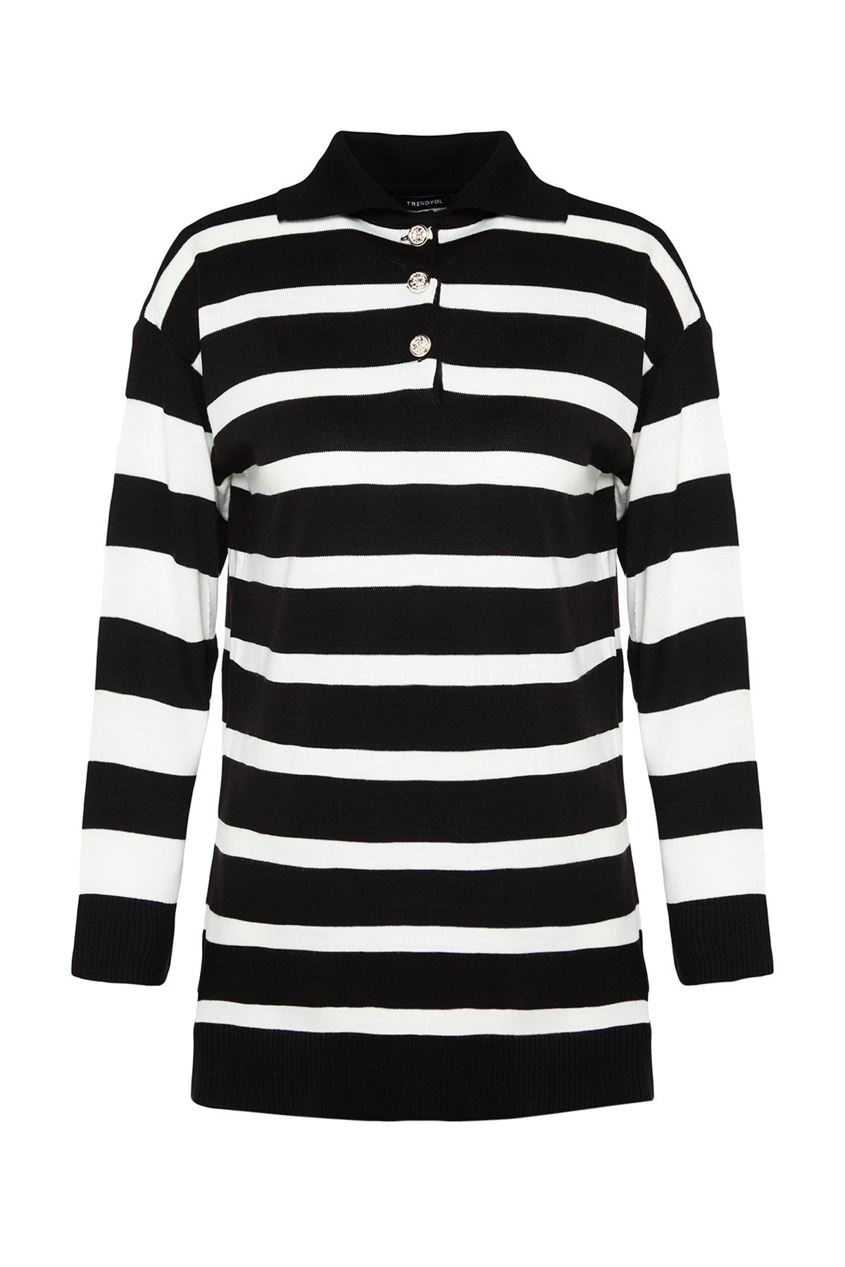 Black White Polo Neck Striped Knitwear Sweater Tctaw24ak00045