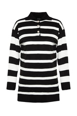 Black White Polo Neck Striped Knitwear Sweater Tctaw24ak00045