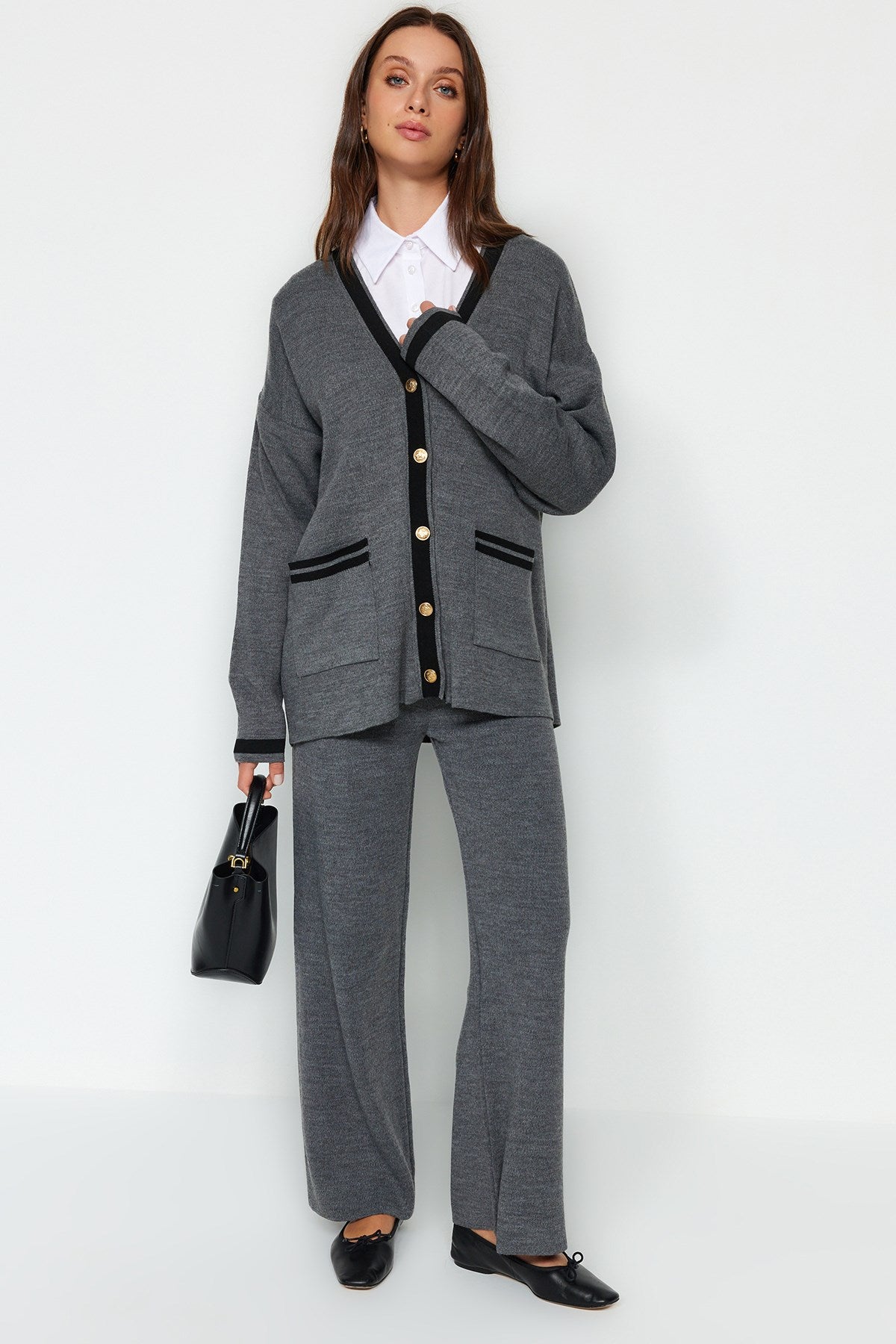 Anthracite Color Block Gold Button Pocketed Cardigan-pants Knitwear Bottom Top Suit Tctaw24us00107