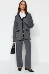 Anthracite Color Block Gold Button Pocketed Cardigan-pants Knitwear Bottom Top Suit Tctaw24us00107