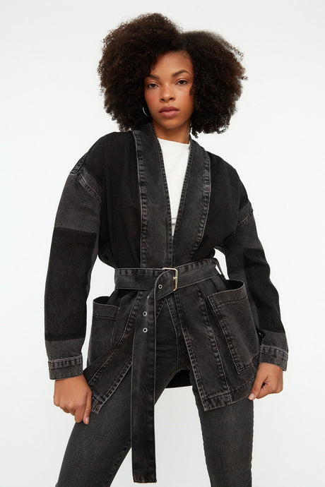 Anthracite Color Block Belted Oversize Denim Jacket Twoss21ce0186