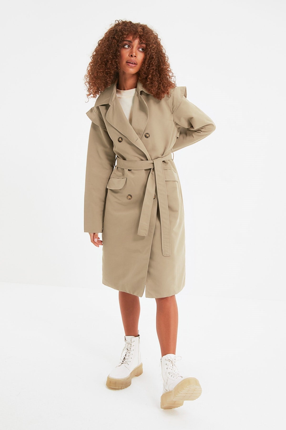 Beige Oversize Wide Cut Belted Water Repellent Long Trench Coat Twoaw22tr0010