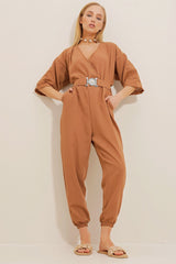 Women's Taba Double-breasted Collar Waist Belted Linen Jumpsuit Alc-x10443