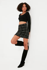 Black Tweed Fabric Mini Woven Skirt Twoaw21et0026