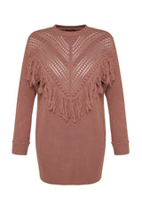 Dusty Rose Openwork And Tassel Detailed Tiko Thessaloniki Knit Sweater Tctaw24ak00150