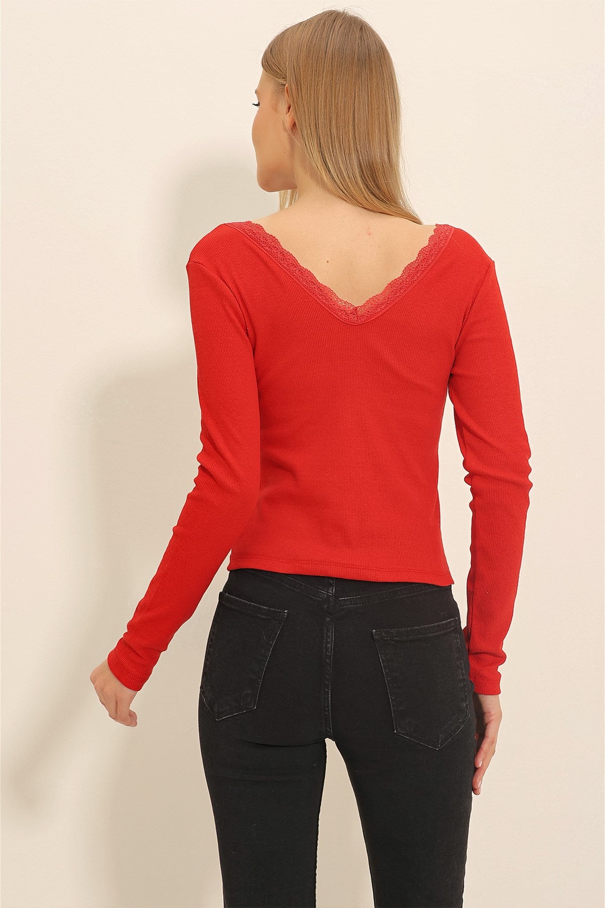 Women's Red Back Front V Neck Lace Detailed Blouse Alc-x11246