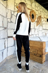 Women's Ecru - Black Color Block Knitwear Bomber Jacket And Joggin Pants Bottom Top Suit Alc-x10996 