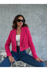 Fuchsia Gold Double Button Crop Tweed Jacket 9163