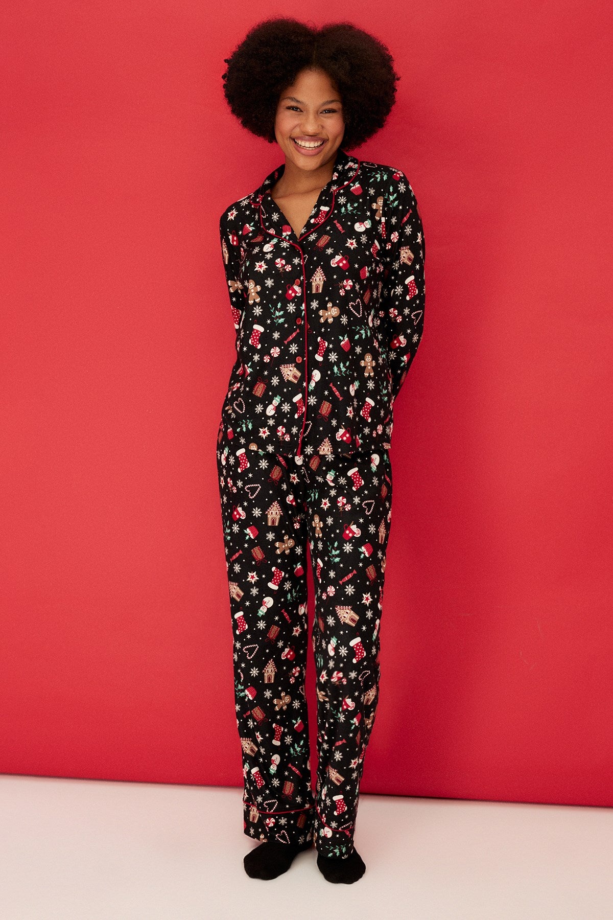 Black Soft Feel Premium Christmas Themed Shirt-pants Knitted Sleepwear Set Thmaw24pt00051