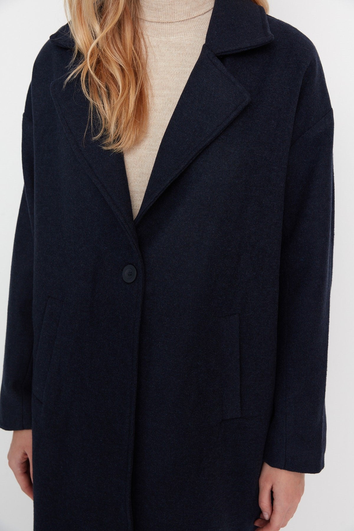 Navy Blue Jacket Collar One-button Lined Cashmere Coat Tctaw23ab00004