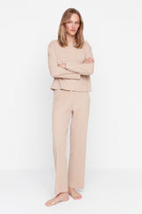 Beige Ribbed Knitted Pajama Set Thmaw21pt0009