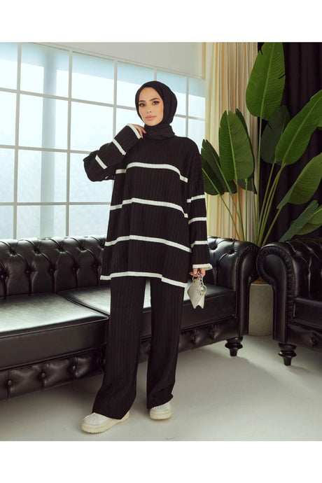 Women's Striped Seasonal Fine Woven Black Knitwear Suit Tyc00648939383