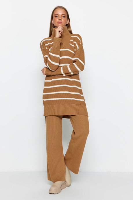 Camel Zipper Detailed Thessalonica Striped Knitwear Bottom-top Suit Tctaw24us00058