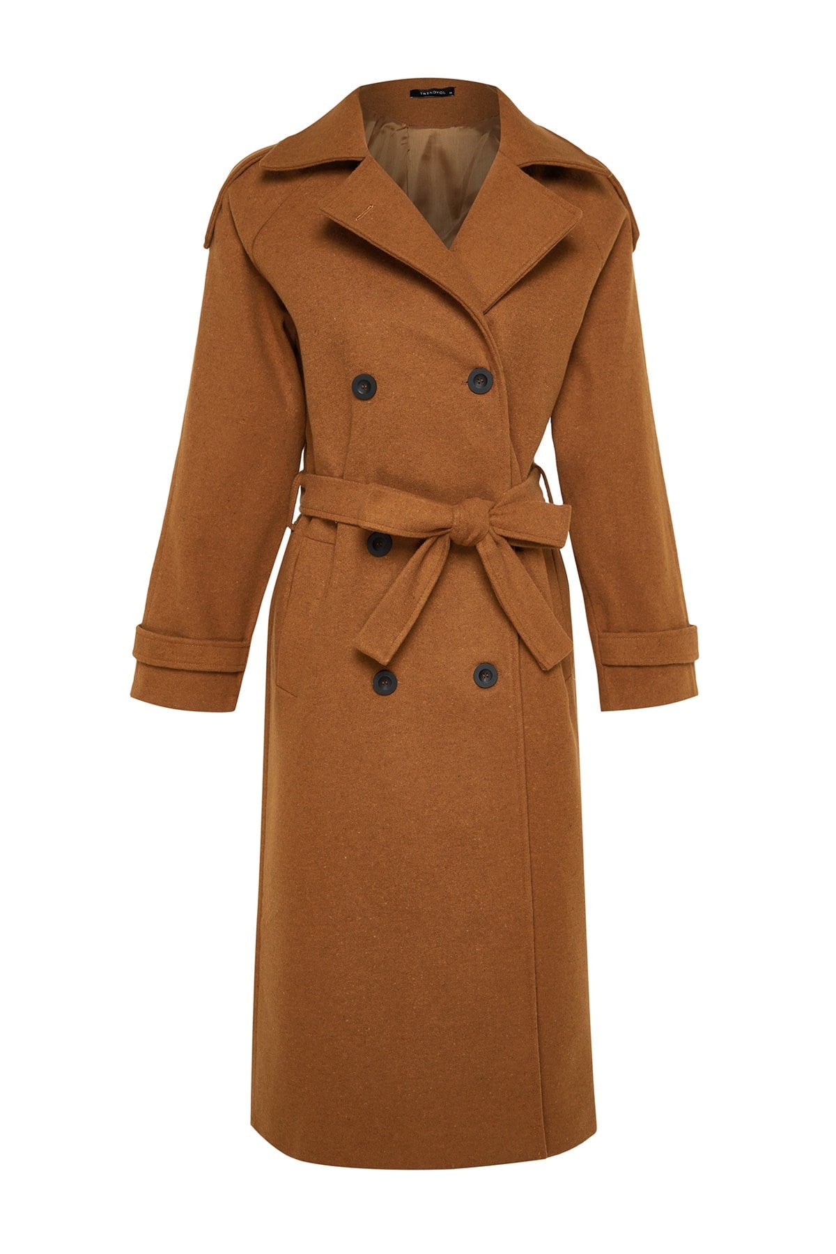 Camel Belted Lined Long Cashmere Coat Tctaw24ab00003